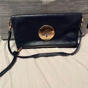 Mulberry Dark Blue Leather Wristlet with Gold Logo